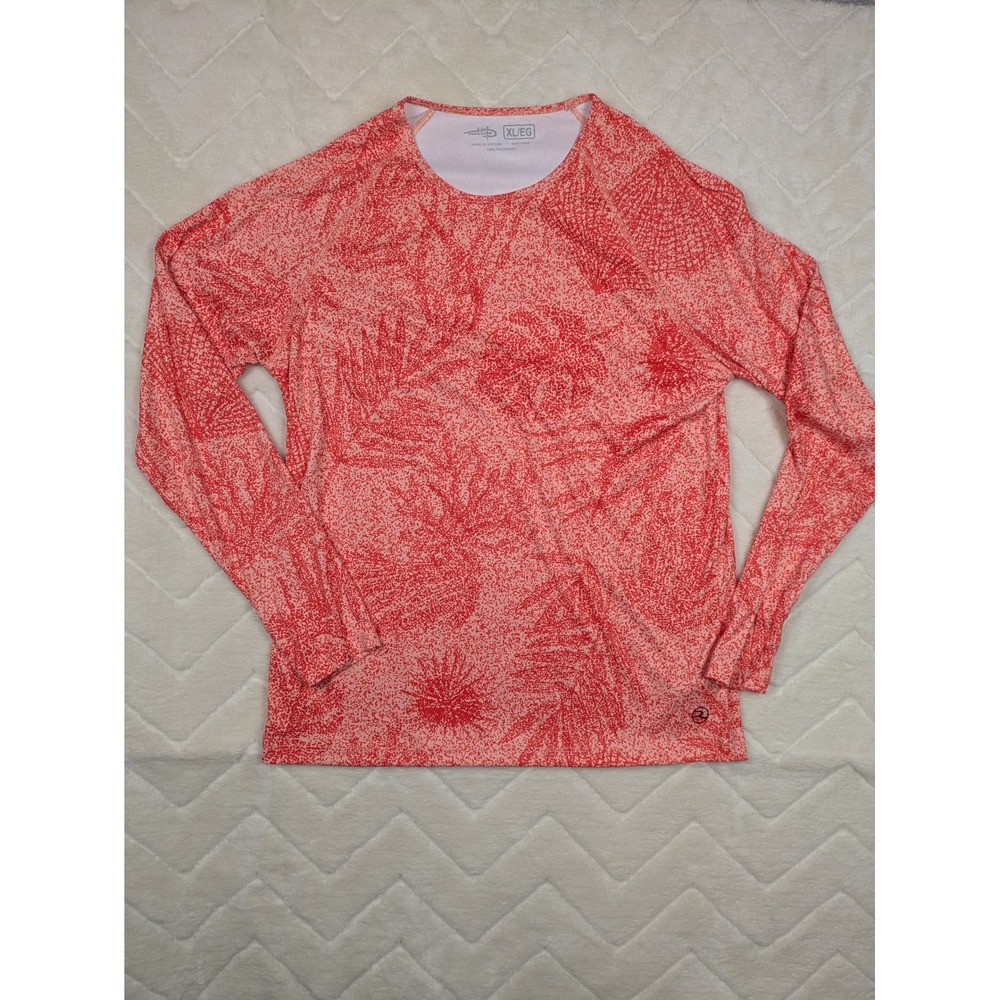 Reel Life Mens XL Long Sleeve Sun Shirt Coral White Botanical Print Performance